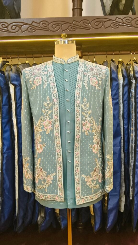 Slate Blue Floral Embroidered Indo-Western
