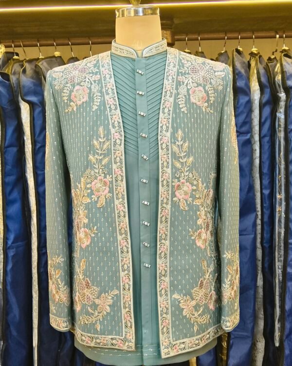 Slate Blue Floral Embroidered Indo-Western