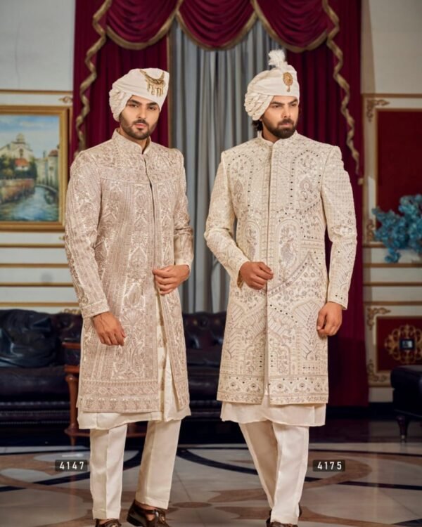 Ivory Sherwani Paisley, Floral & Geometric Pattern