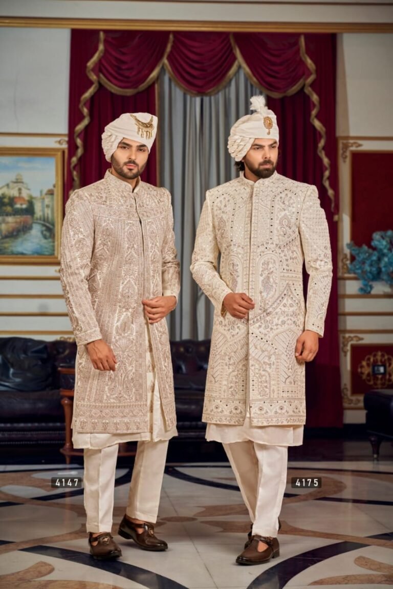 Ivory Sherwani Paisley, Floral & Geometric Pattern