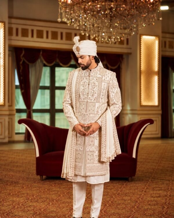 Off-White Ornamental & Geometric Motifs Sherwani