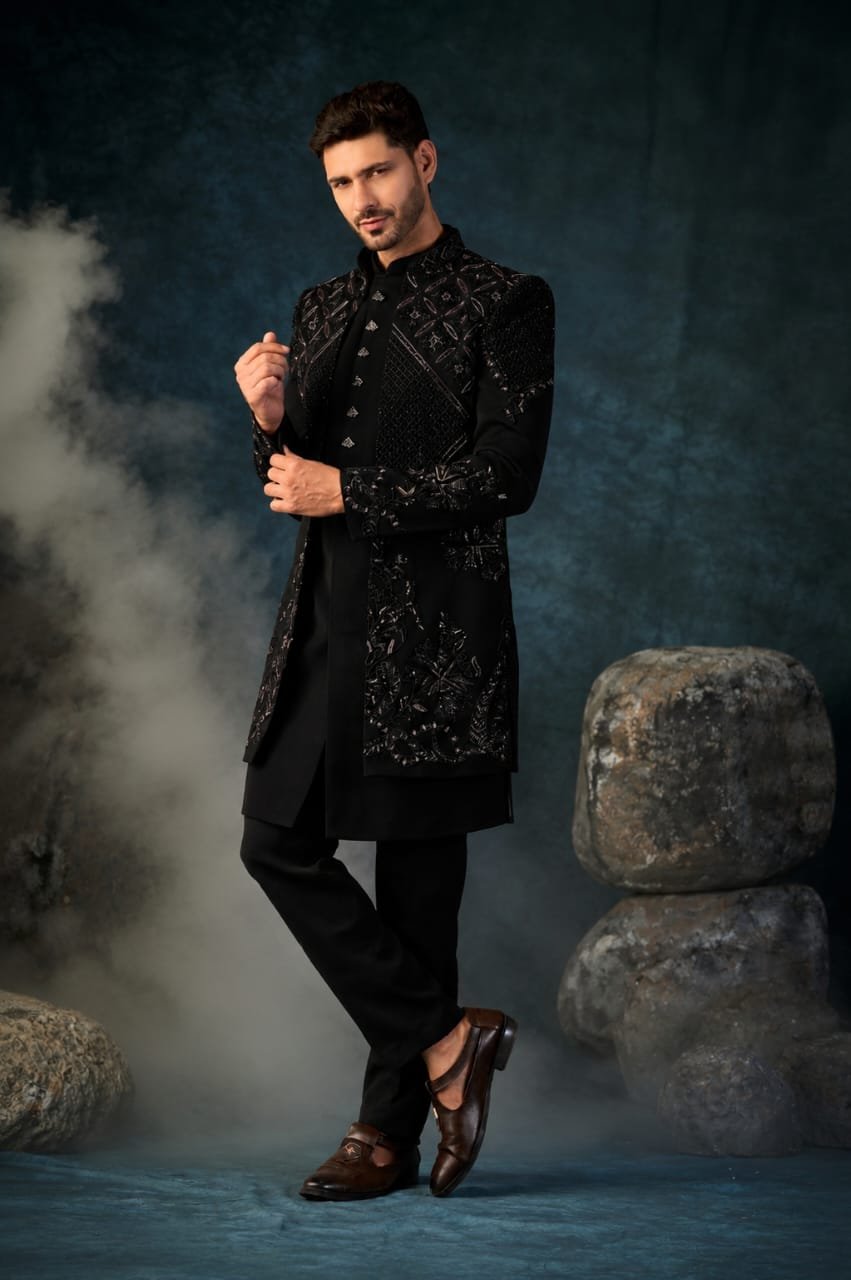 Black Ornamental & Geometric Motifs Indo-western