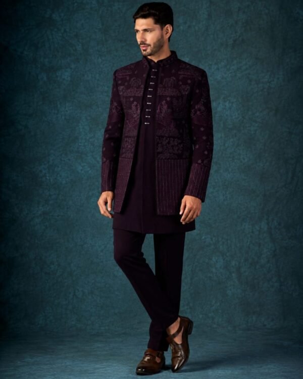 Wine Indo-Western With Floral & Ornamental Motifs