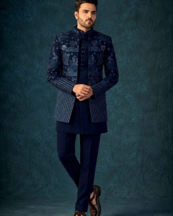 Navy Blue Indo-Western With Floral & Geometric Motifs