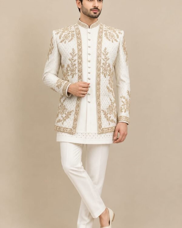 Ivory Gold Floral Embroidered Indo-Western