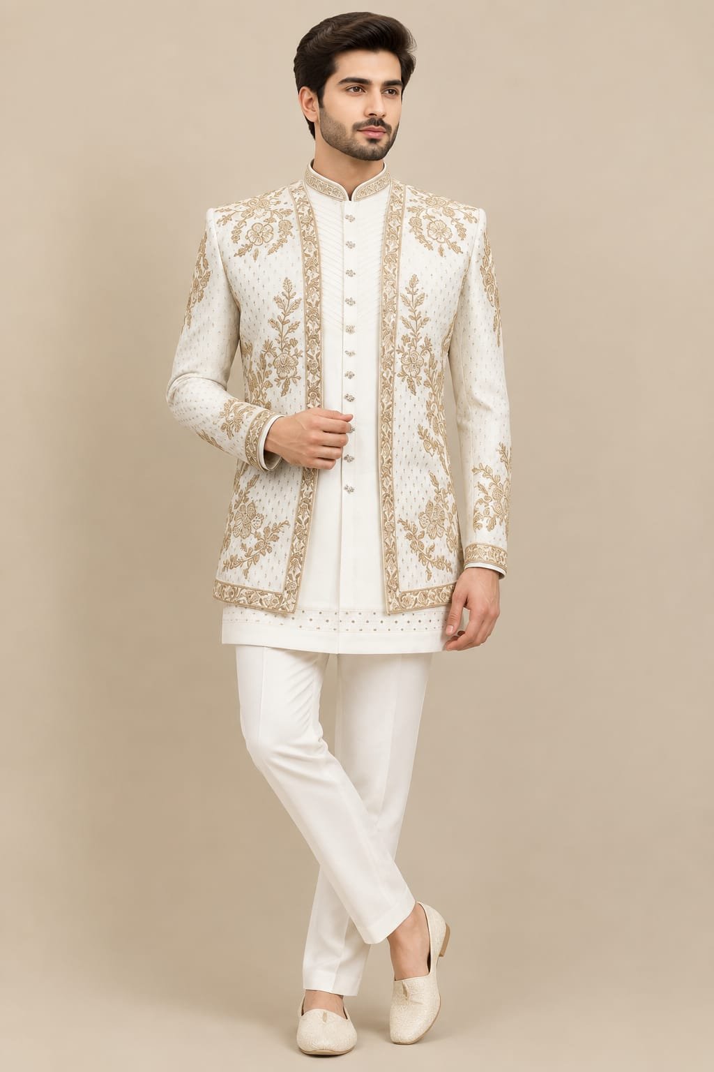 Ivory Gold Floral Embroidered Indo-Western