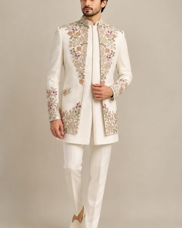 Ivory Floral Embroidered Indo-Western