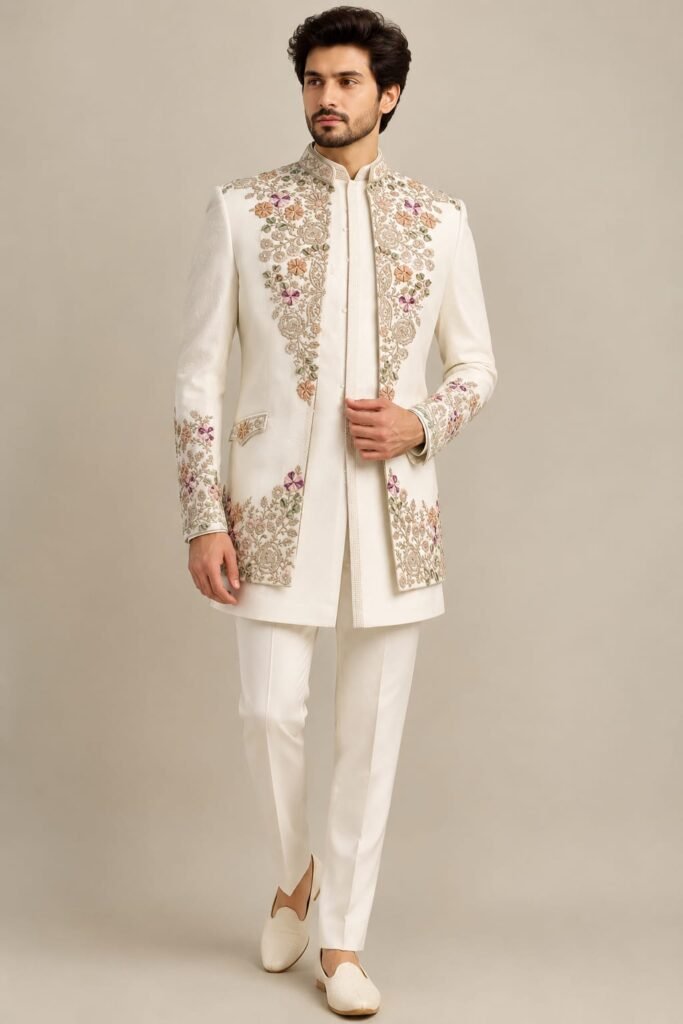 Ivory Floral Embroidered Indo-Western