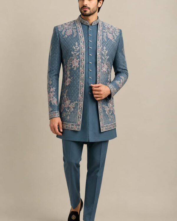 Slate Blue Floral Embroidered Indo-Western
