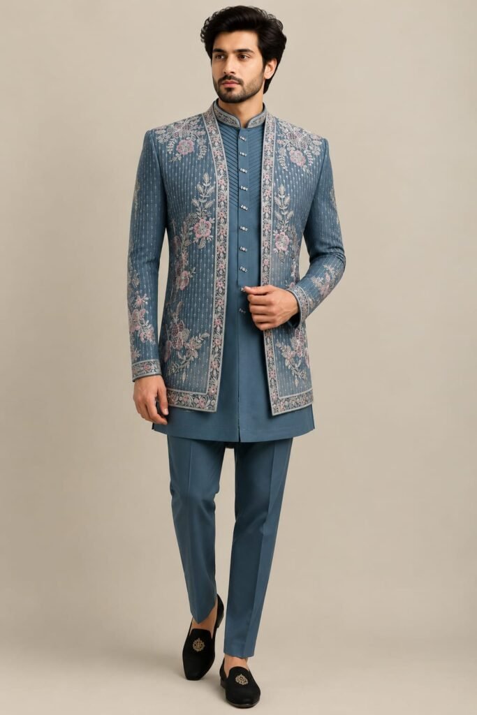 Slate Blue Floral Embroidered Indo-Western