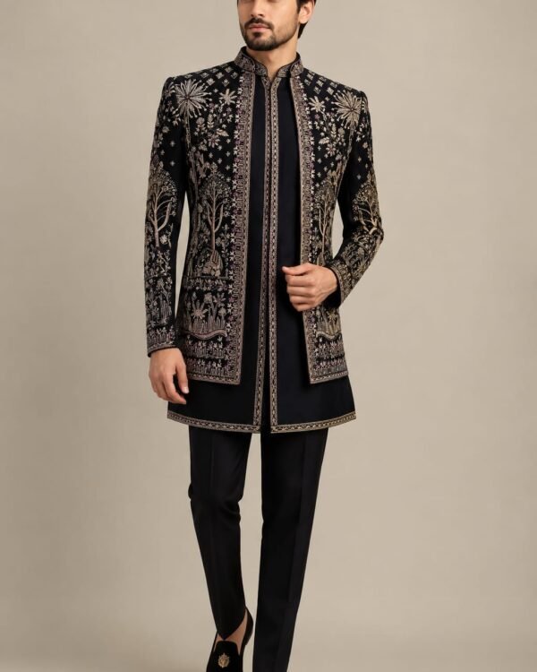 Black & Gold Floral Embroidered Indo-Western