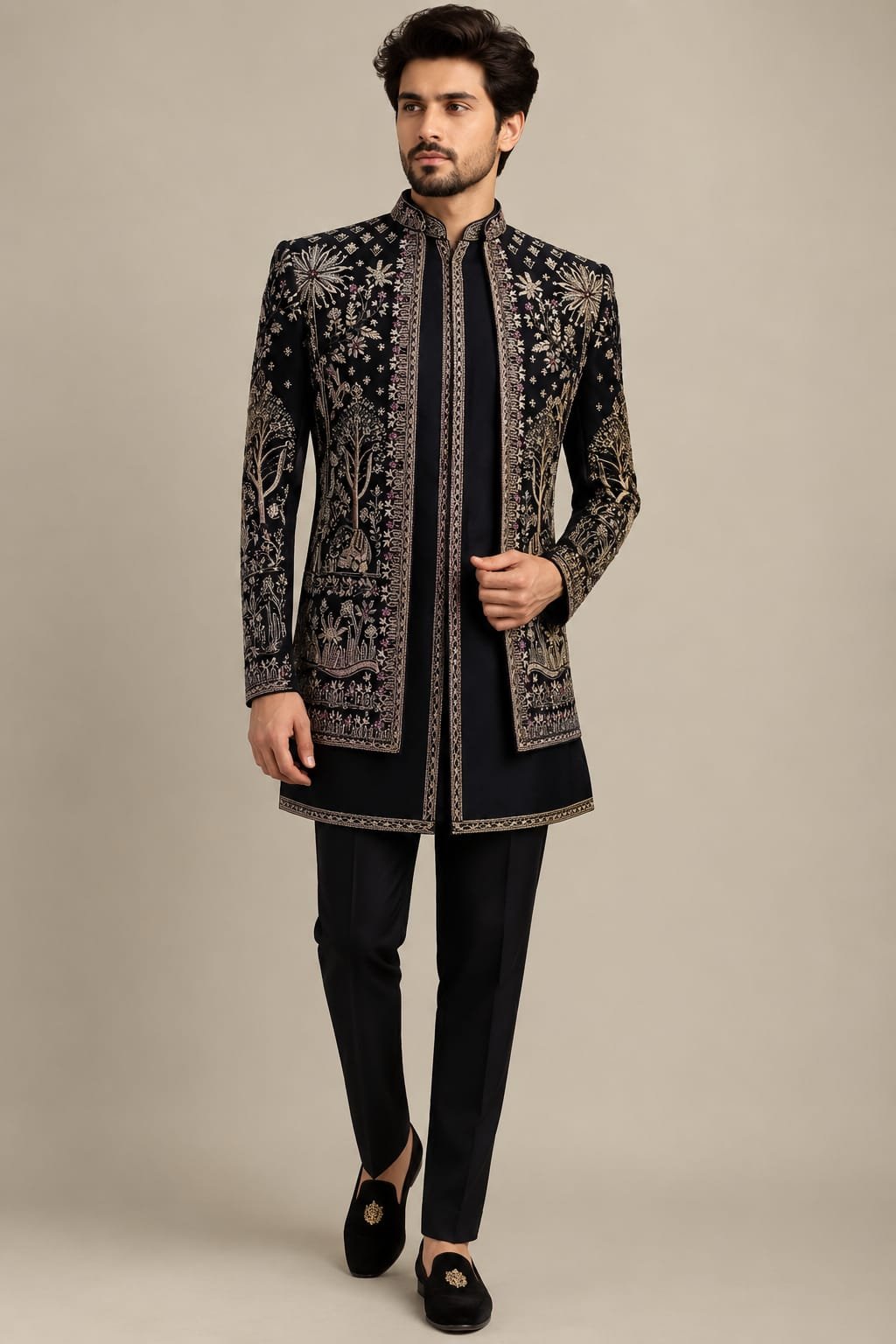 Black & Gold Floral Embroidered Indo-Western