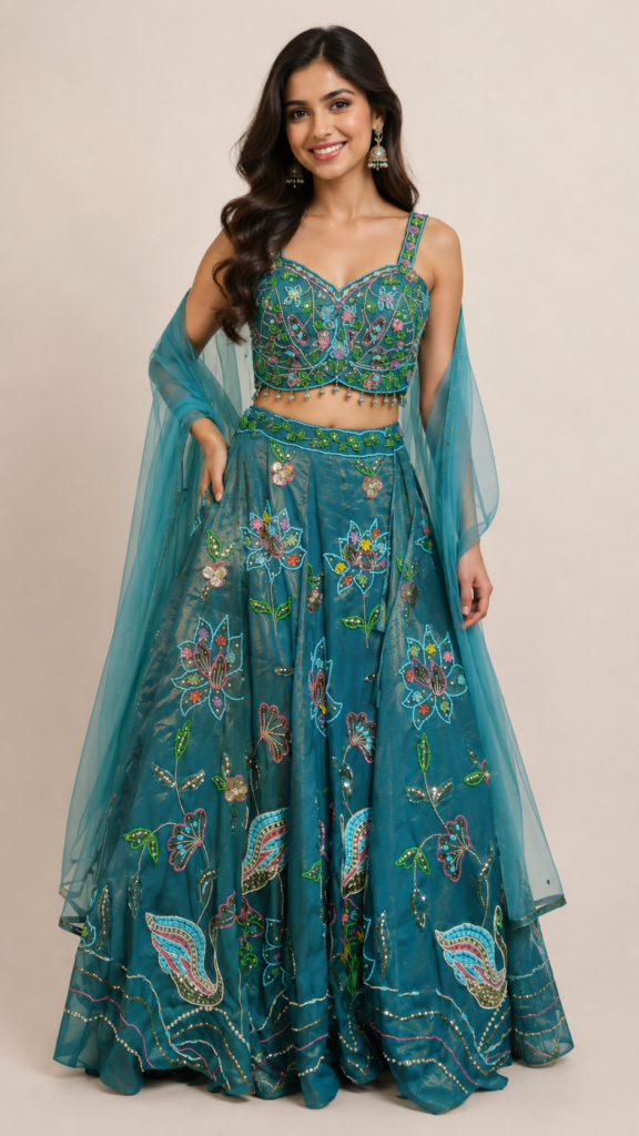 Teal Floral Embroidered Lehenga