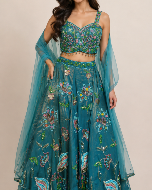 Teal Floral Embroidered Lehenga