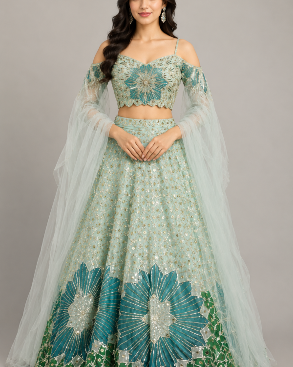 Aqua Emerald Bloom Lehenga