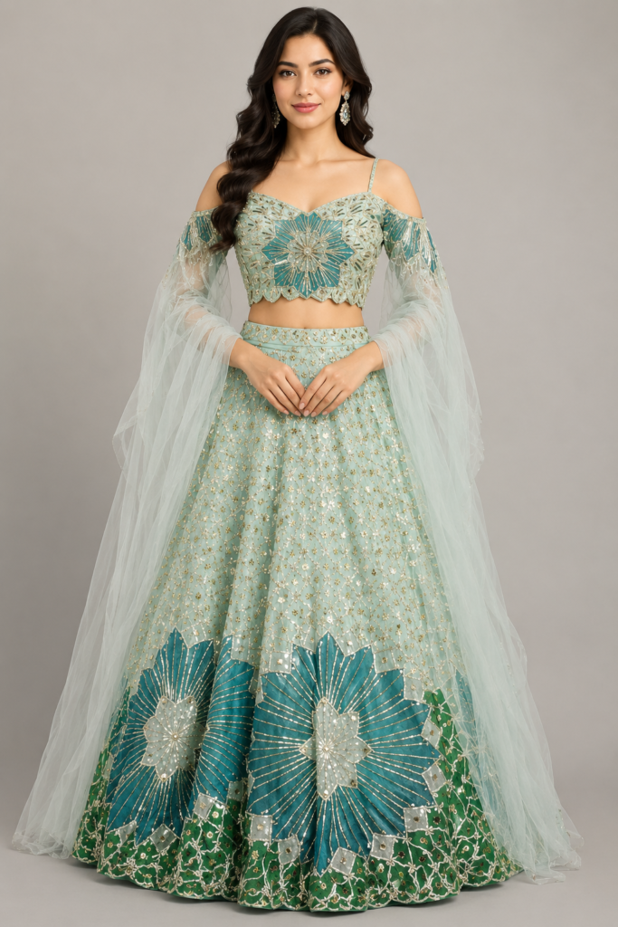 Aqua Emerald Bloom Lehenga