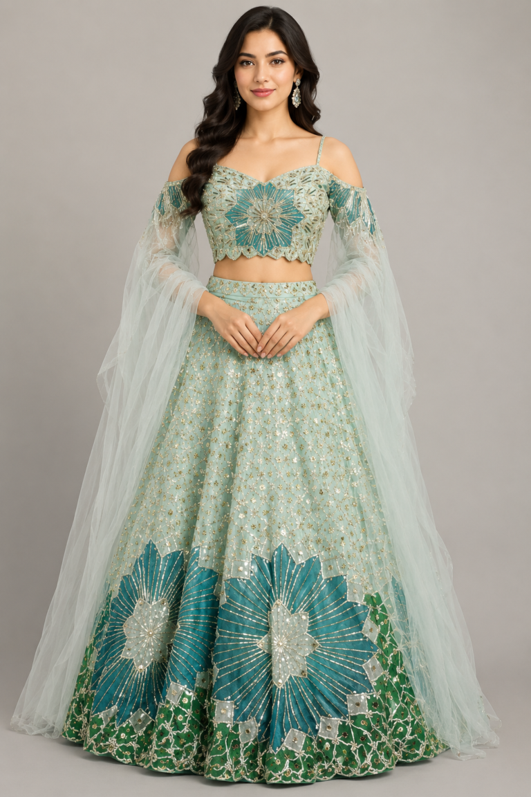 Aqua Emerald Bloom Lehenga