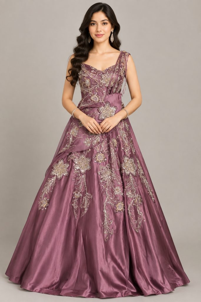 Dusty Plum Floral Embroidery Gown