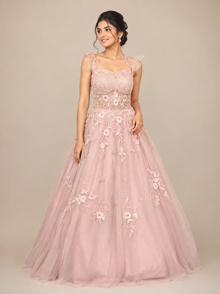 Blush Pink Floral Embroidery Gown