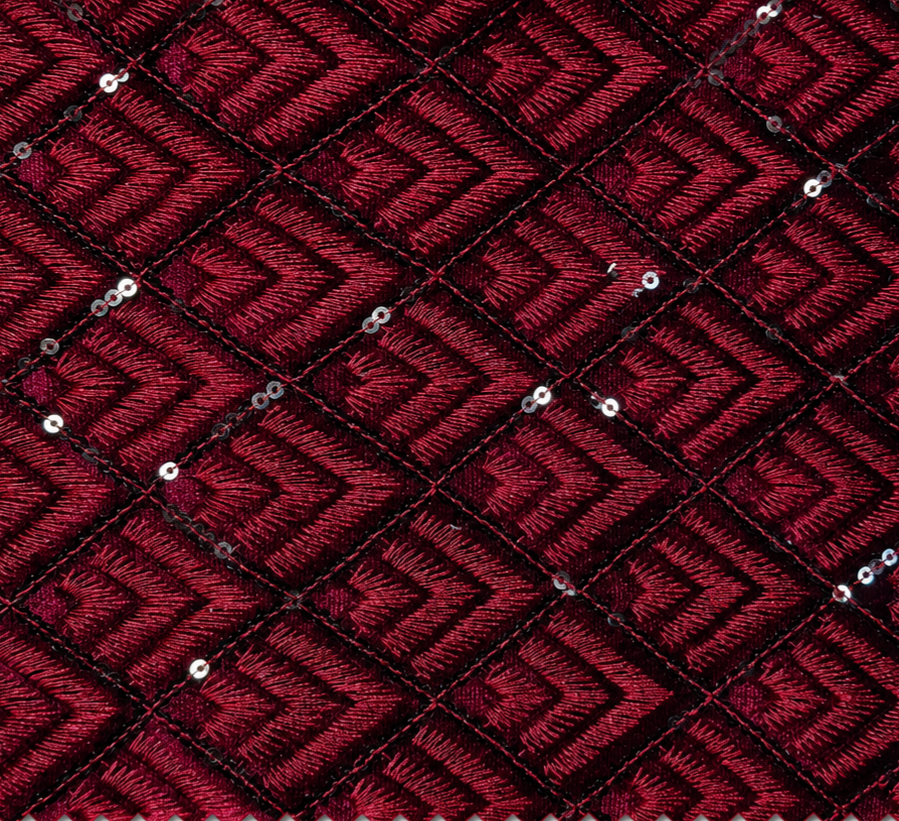Deep Crimson Red Geometric Diamond Embroidery Fabric