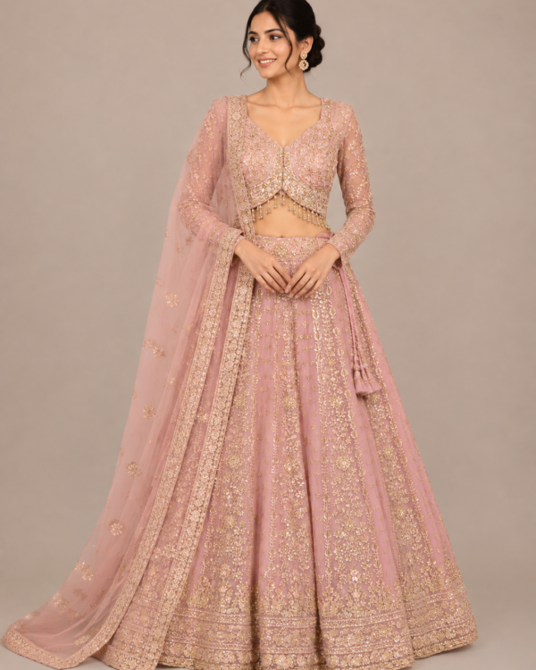 Dusty Rose Gold Floral & Ornamental Work Lehenga