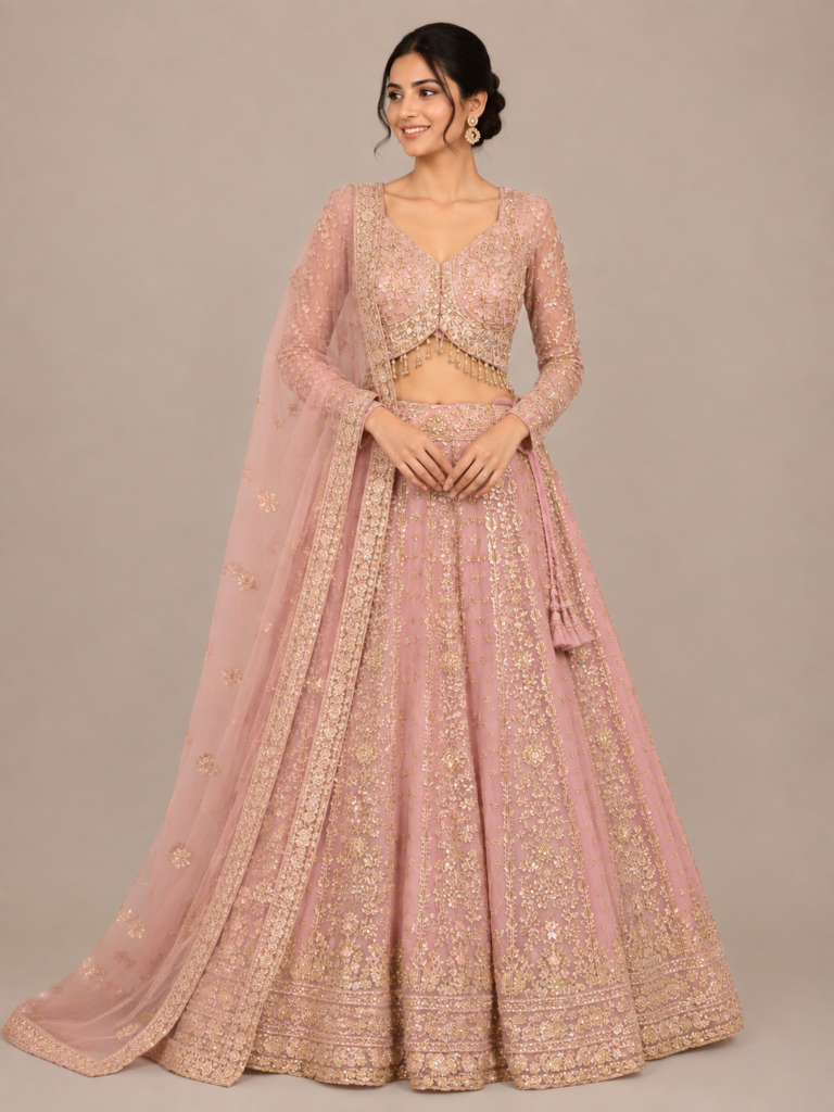 Dusty Rose Gold Floral & Ornamental Work Lehenga