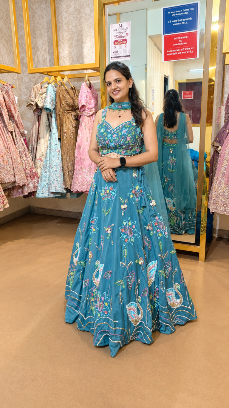 Teal Floral Embroidered Lehenga