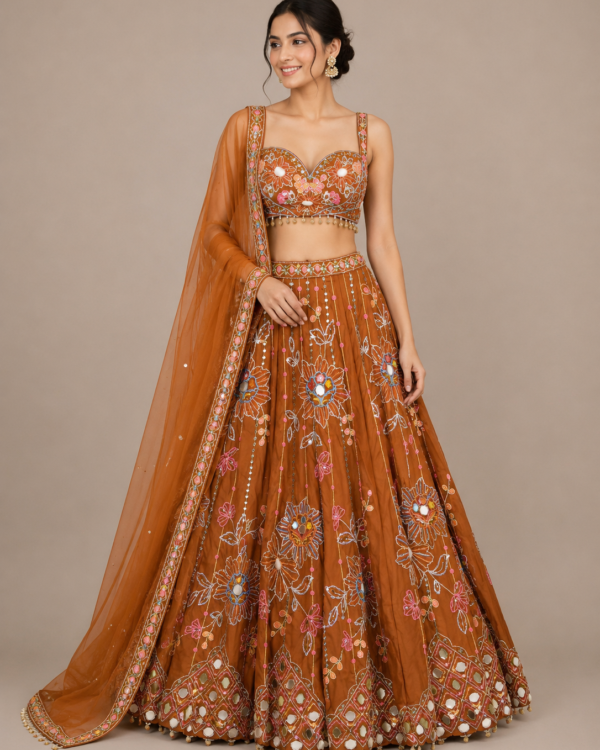 Orange Floral Mirror Lehenga