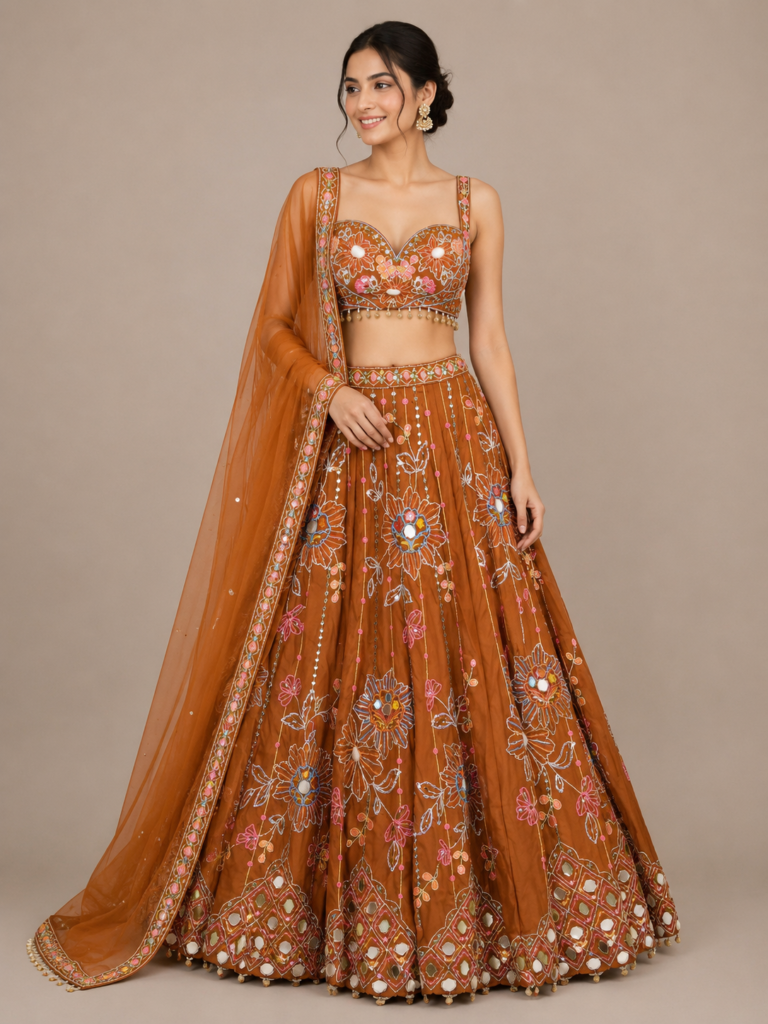 Orange Floral Mirror Lehenga