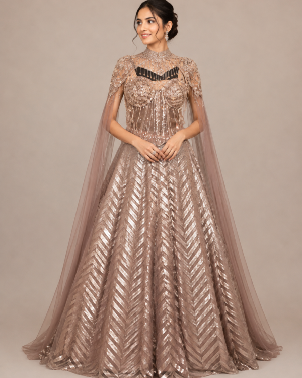 Rosé Beige Chevron Gown