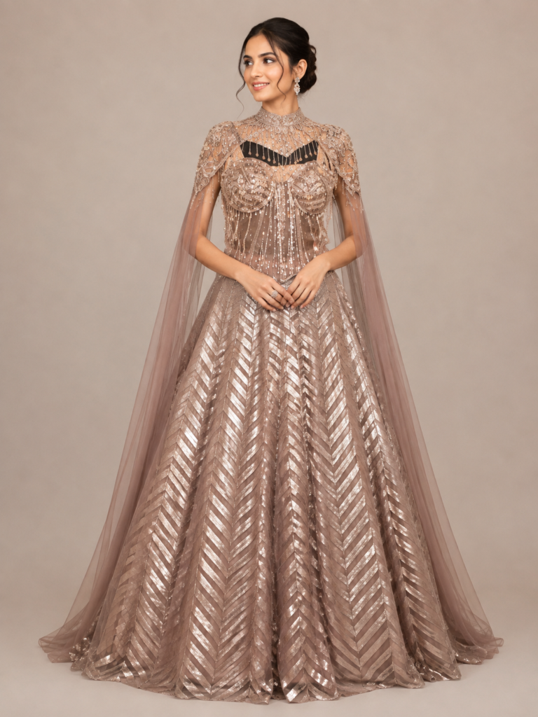 Rosé Beige Chevron Gown