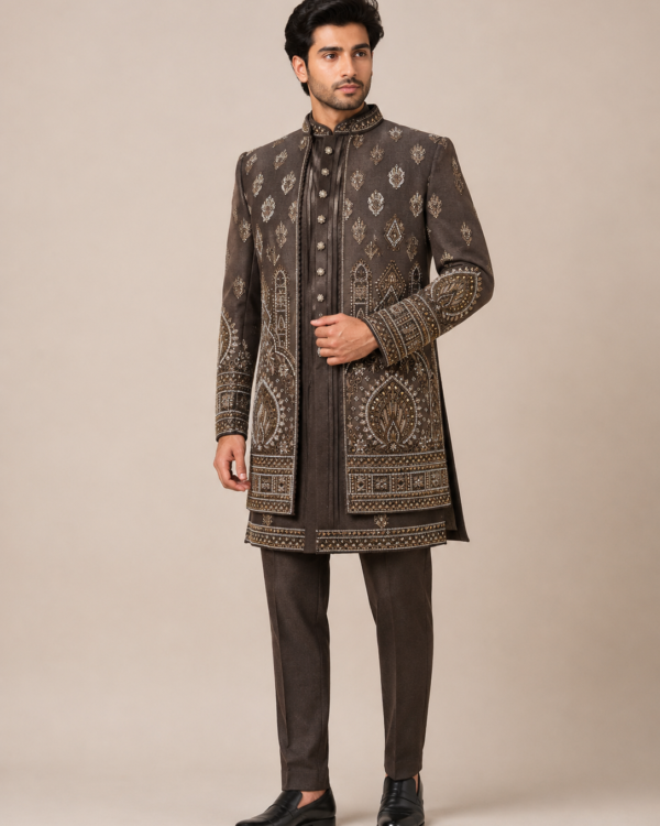 Brown Embroidered Indo-Western