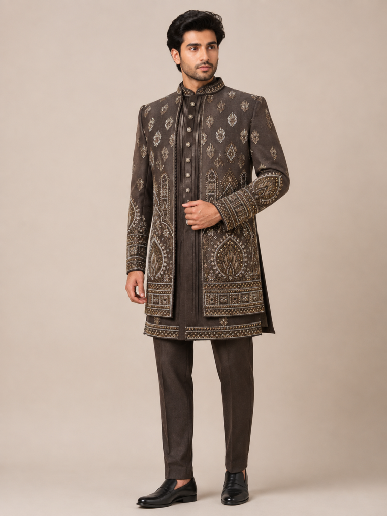 Brown Embroidered Indo-Western