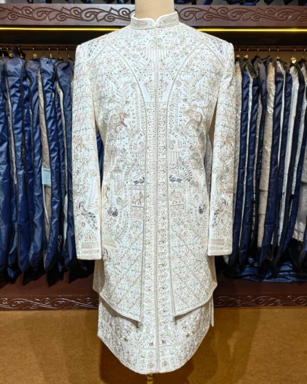 Off White Floral Peacock Embroidered Sherwani