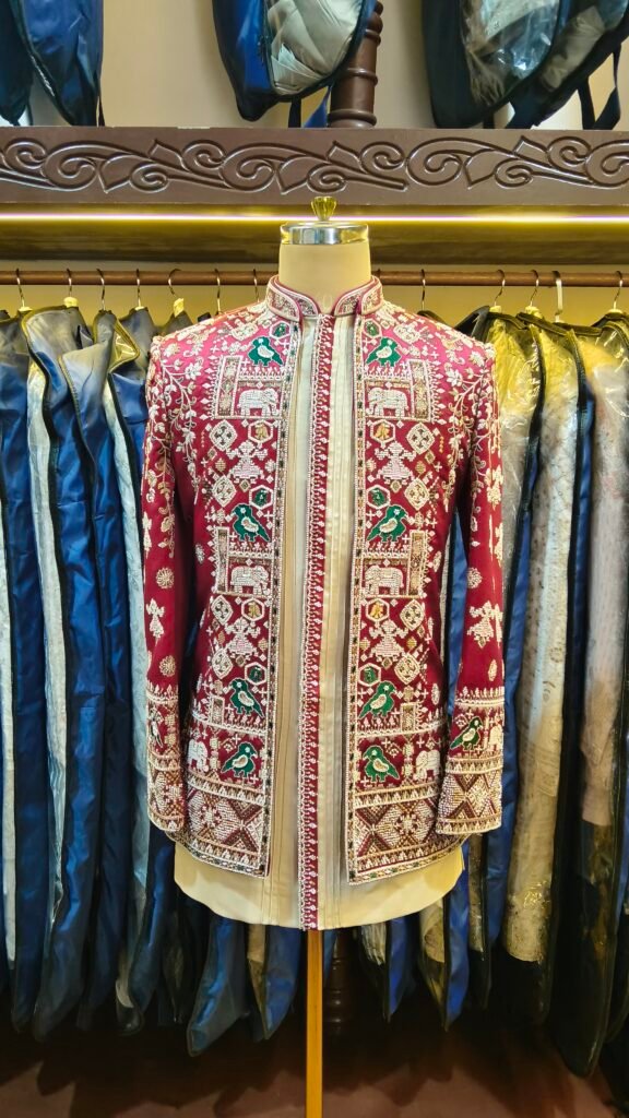 Dark Red Heritage Embroidered Indo-Western