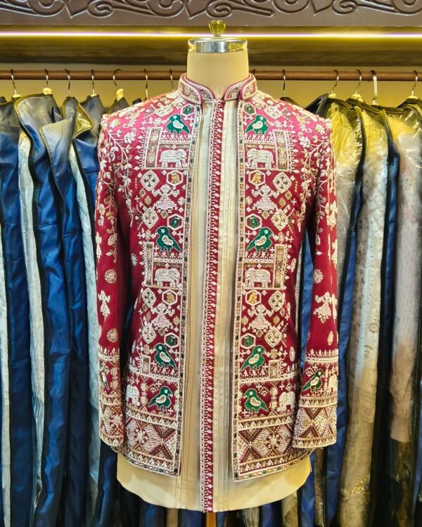 Dark Red Heritage Embroidered Indo-Western