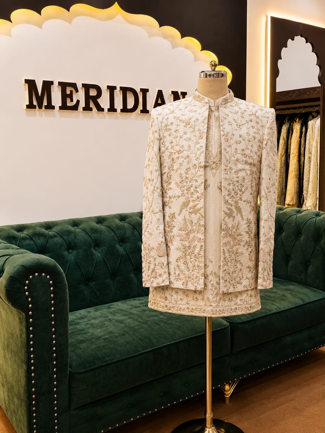 Cream Gold Floral Embroidered Indo-Western
