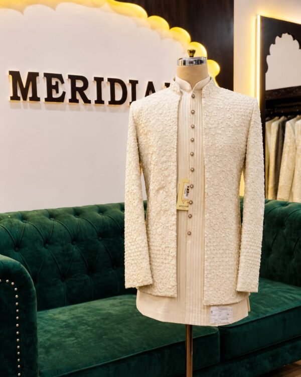 Cream Floral Textured Indo-Western
