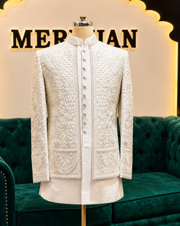 Cream Floral Textured Indo-Western Short Tale