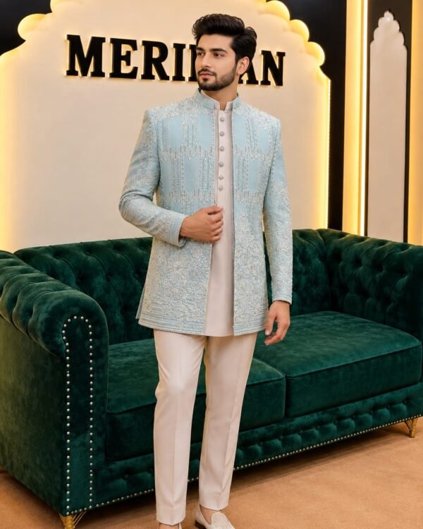 Ice Blue Embroidered Indo-Western