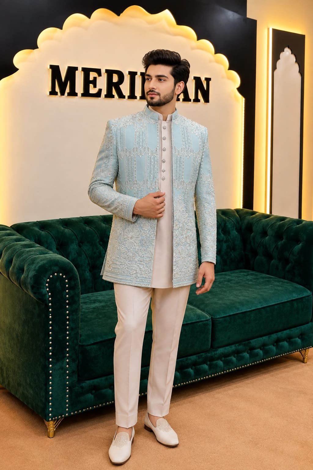 Ice Blue Embroidered Indo-Western