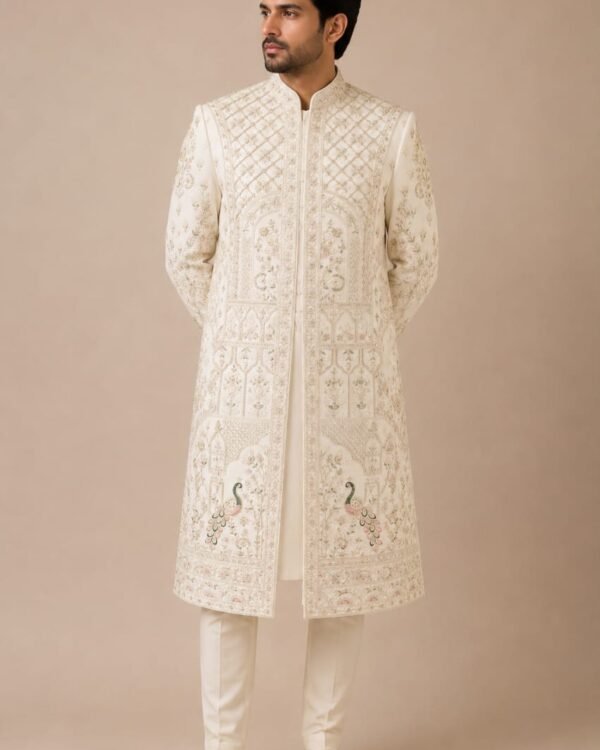 Off White Peacock Embroidered Sherwani