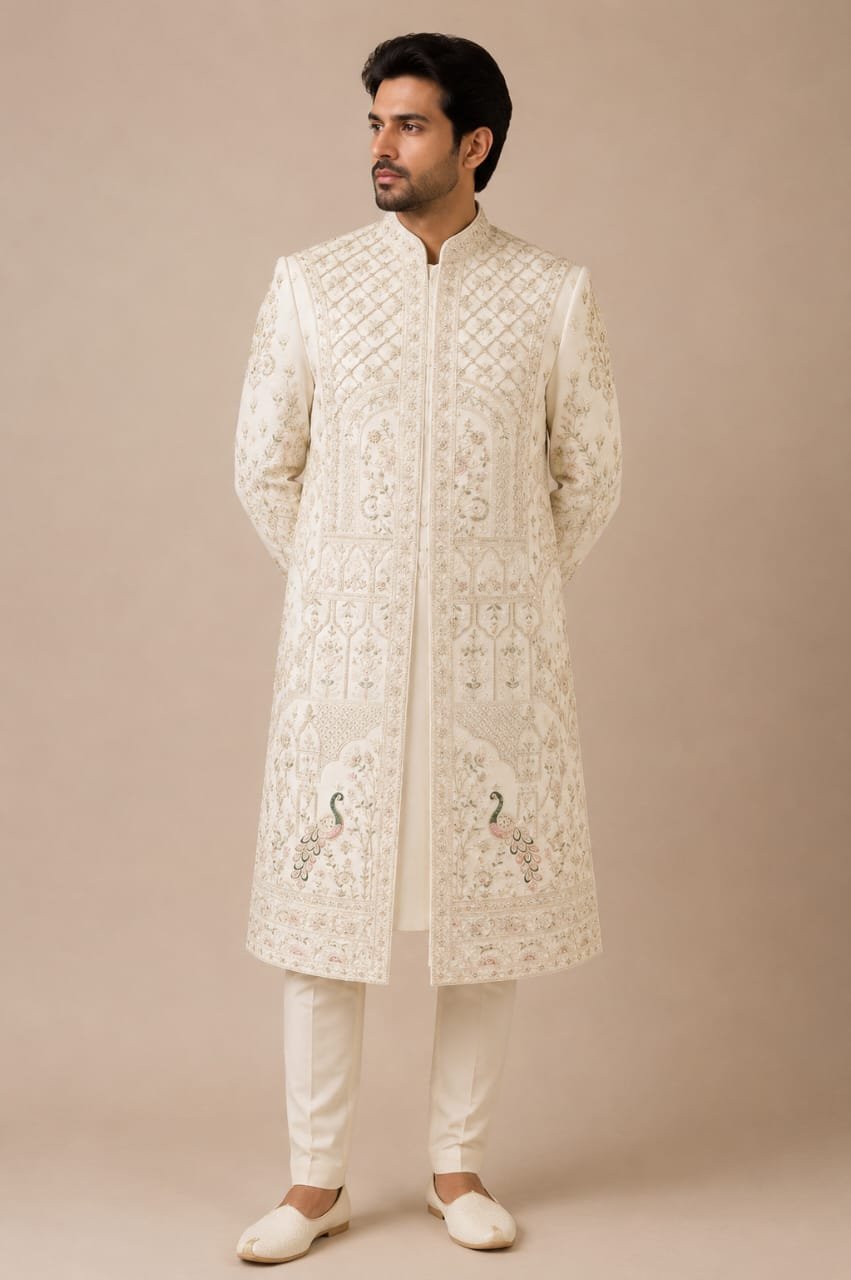 Off White Peacock Embroidered Sherwani