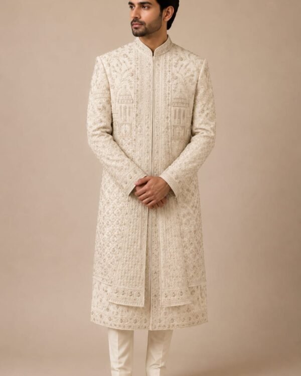 Off White Embroidered Sherwani