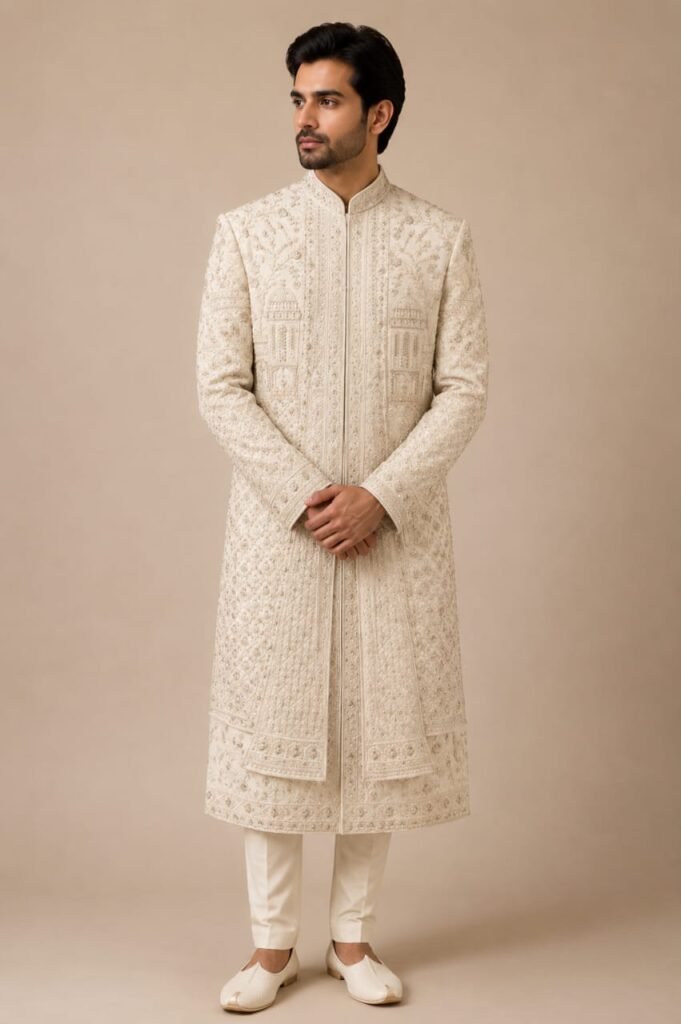 Off White Embroidered Sherwani
