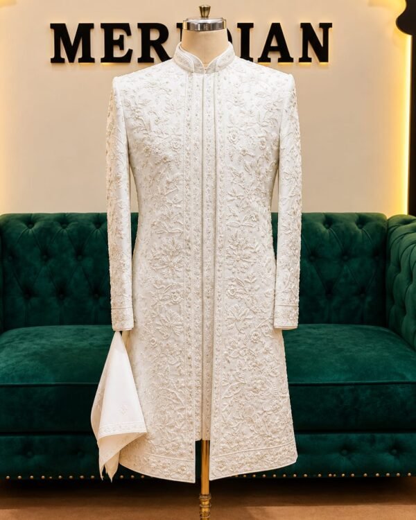 Off White Floral Embroidered Sherwani