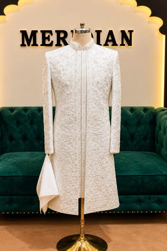 Off White Floral Embroidered Sherwani