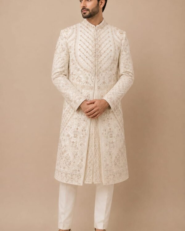 Off White Embroidered Sherwani