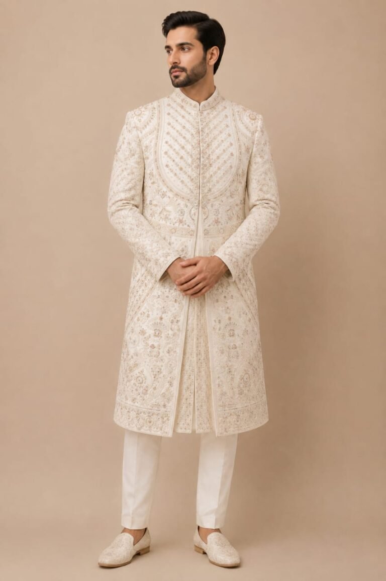 Off White Embroidered Sherwani