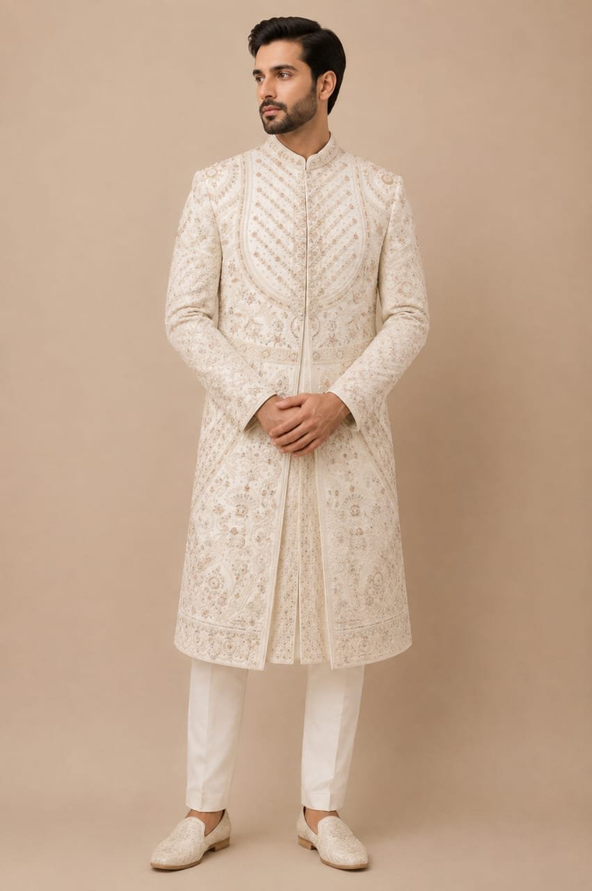Off White Embroidered Sherwani